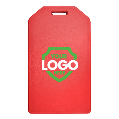 This Custom Rigid Plastic Luggage Tag Holders with 6" Clear Loop - Personalize with Your Logo, perfect for custom luggage tags, features a slot at the top for attaching a strap. It displays a green shield with the text "Your Logo Here" in the center, making it ideal for promotional giveaways and boosting brand awareness.