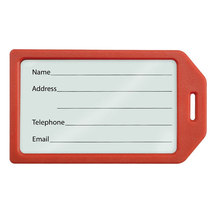 A red-bordered Heavy Duty Luggage Tags with Plastic Loops Included - Window for Business Card or Included Insert (1840-620X) with blank fields for Name, Address, Telephone, and Email. Perfect for heavy duty use and easily customizable for a personalized touch.