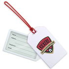 A Custom Rigid Plastic Luggage Tag Holder with a 6" Clear Loop - Personalize with Your Logo. The tag features a "Kickers Youth Soccer Club" logo and includes fields for Name, Address, Telephone, and Email details—perfect for promotional giveaways to boost brand awareness.