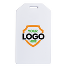 A white tag with a shield design, perfect for promotional giveaways. The text "YOUR LOGO HERE" is prominently displayed in green and black on the shield, enhancing brand awareness and serving as Custom Rigid Plastic Luggage Tag Holders with 6" Clear Loop - Personalize with Your Logo.