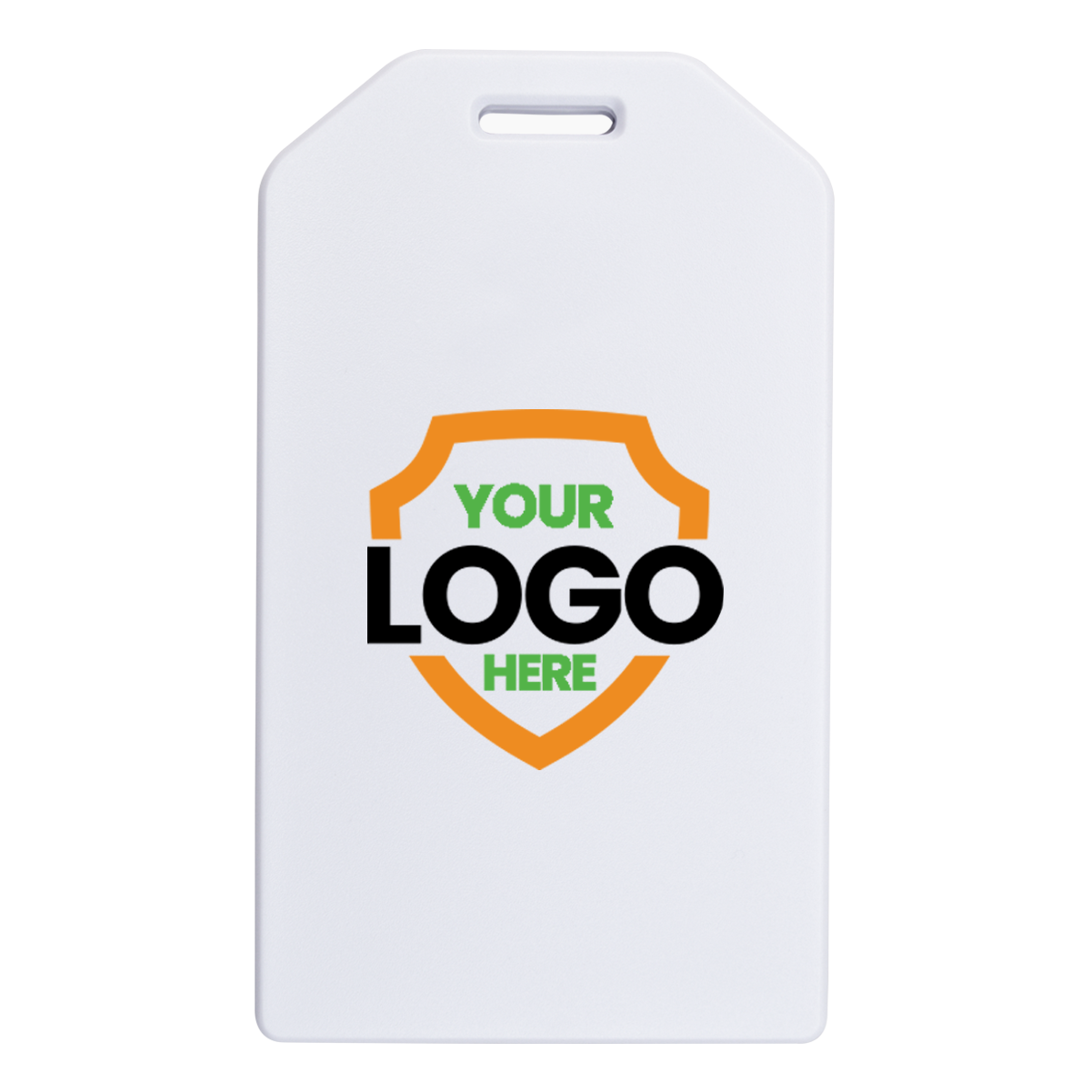 A white tag with a shield design, perfect for promotional giveaways. The text "YOUR LOGO HERE" is prominently displayed in green and black on the shield, enhancing brand awareness and serving as Custom Rigid Plastic Luggage Tag Holders with 6" Clear Loop - Personalize with Your Logo.