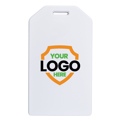 A white tag with a shield design, perfect for promotional giveaways. The text "YOUR LOGO HERE" is prominently displayed in green and black on the shield, enhancing brand awareness and serving as Custom Rigid Plastic Luggage Tag Holders with 6" Clear Loop - Personalize with Your Logo.