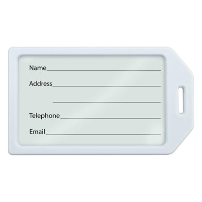 A Heavy Duty Luggage Tags with Plastic Loops Included - Window for Business Card or Included Insert (1840-620X) with blank fields labeled Name, Address, Telephone, and Email, designed for personal contact information. This sturdy and heavy duty luggage tag ensures your details stay secure during travel.