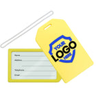Yellow Custom Rigid Plastic Luggage Tag Holders with 6" Clear Loop - Personalize with Your Logo, featuring fields for Name, Address, Telephone, and Email. Ideal for increasing brand awareness through custom luggage tags. Includes a white strap for attachment.
