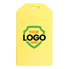 Yellow rectangular tag with rounded top edge, featuring a shield emblem. The shield contains the text "YOUR LOGO HERE" in bold black letters, perfect for Custom Rigid Plastic Luggage Tag Holders with 6" Clear Loop - Personalize with Your Logo or promotional giveaways to boost brand awareness.