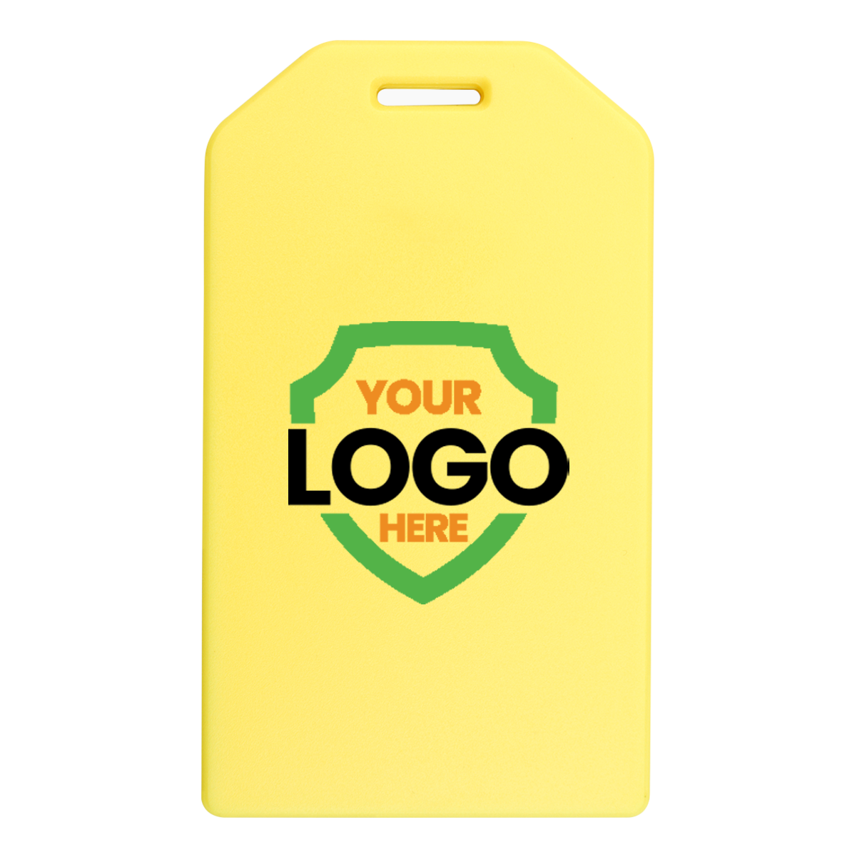 Yellow rectangular tag with rounded top edge, featuring a shield emblem. The shield contains the text "YOUR LOGO HERE" in bold black letters, perfect for Custom Rigid Plastic Luggage Tag Holders with 6" Clear Loop - Personalize with Your Logo or promotional giveaways to boost brand awareness.