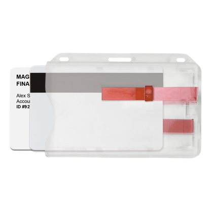 A partially visible ID card with the name "Alex S" in a 2 Card Badge Holder with Slide (P/N 1840-6400) featuring a red strap.