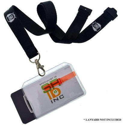 A clear plastic ID badge holder with a black lanyard featuring a company logo. The note "*Lanyard not included" is displayed at the bottom right corner. This 2 Card Badge Holder with Slide (P/N 1840-6400) allows you to carry two cards securely and conveniently.