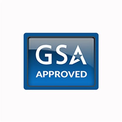 A blue rectangular badge, which could be conveniently carried in a Frosted Horizontal Rigid Plastic Card Dispenser with Red Extractor Slide (1840-6410), displays "GSA Approved" with a white star embedded in the letter "A.