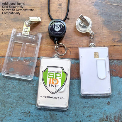 Display of various Frosted Vertical Rigid 2-Card Access Card Dispensers (1840-6550) and retractable badge reels on a wooden surface, with text indicating additional items sold separately for demonstrating compatibility.