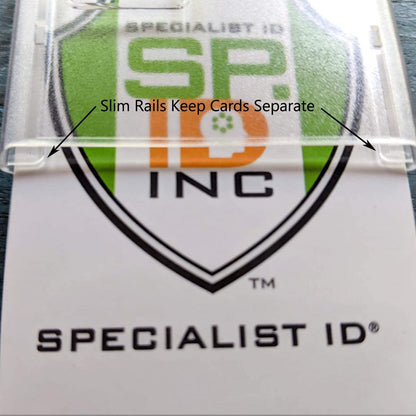 A close-up of a vertical badge holder with text pointing out "Slim Rails Keep Cards Separate." This Frosted Vertical Rigid 2-Card Access Card Dispenser (1840-6550) also functions as a convenient 2-Card Access Card Dispenser.