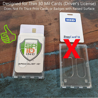 Two cardholders are displayed: one ID badge holder correctly holding a thin card labeled "Specialist ID," and another incorrectly holding a thick card labeled "ProxCard II" with an "X" over it. The product featured is the Rigidwear Clear Vertical 2-Card Badge Holder 1840-6560 (Jam P/N 706-NN2).