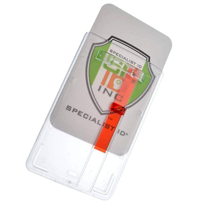 Frosted Vertical Rigid ID Badge Holder with Red Extractor Slide (P/N 1840-6566) with a white and green ID card inside, featuring a shield design and the text “Specialist ID.” A red stripe runs diagonally across the standard credit card sized ID badge.