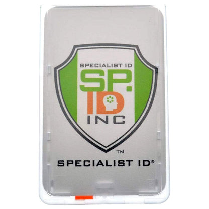 A Frosted Vertical Rigid ID Badge Holder with Red Extractor Slide (P/N 1840-6566) featuring a logo with "SP.ID INC" in green and orange, encased in a shield emblem. The words "SPECIALIST ID" are written above and below the logo, designed to fit a standard credit card sized ID badge perfectly.