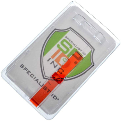 A Frosted Vertical Rigid ID Badge Holder with Red Extractor Slide (P/N 1840-6566) displaying an insert with "Specialist ID" and a shield logo, featuring green and orange colors. This standard credit card-sized ID badge holder ensures durability while maintaining visibility.