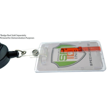 A Frosted Vertical Rigid ID Badge Holder with Red Extractor Slide (P/N 1840-6566) is attached, displaying a standard credit card sized ID badge with a logo. Text on the image indicates that the red extractor slide is sold separately and is pictured for demonstration purposes.