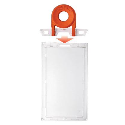 A Clear Vertical Locking Plastic Card Holder (P/N 1840-6630) with an orange attachment features an arrow indicating insertion and a secure locking mechanism for added safety.