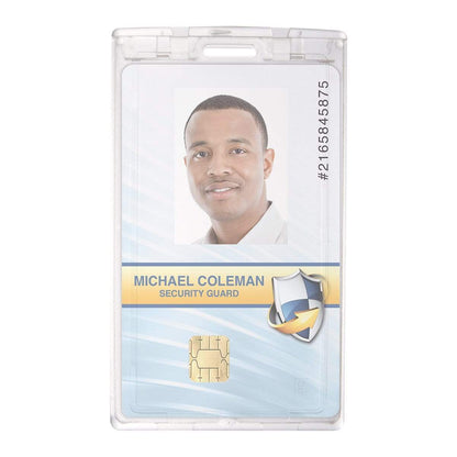 ID badge for a security guard showing a photo of a man, with the name "Michael Coleman" and ID number #2418548575 printed on it. The badge, housed in a Clear Vertical Locking Plastic Card Holder (P/N 1840-6630), features a security chip and shield emblem.