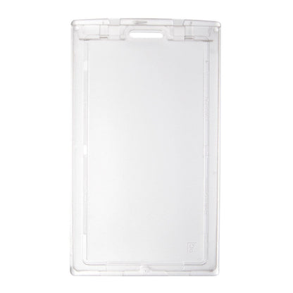 A Clear Vertical Locking Plastic Card Holder (P/N 1840-6630) with a rectangular shape and a slot at the top for attaching a lanyard or clip, this clear plastic card holder ensures your ID stays visible and secure.