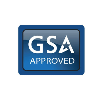 A rectangular blue badge with the text "GSA APPROVED" in white, ideal for attaching to a Clear Vertical Locking Plastic Card Holder (P/N 1840-6630).