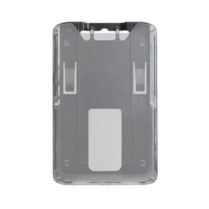 A B-Holder Rigid Plastic Vertical Holder (P/N 1840-664X) made of clear, rigid plastic with slots for a lanyard or clip, perfect for securing your ID badge. Sold by Specialist ID.