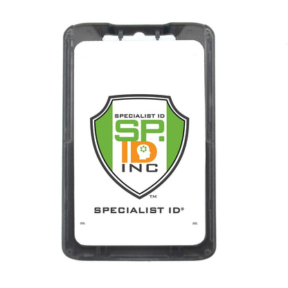 A B-Holder Rigid Plastic Vertical Holder (P/N 1840-664X) displaying the logo of Specialist ID Inc., featuring a green and orange shield and text that reads "SPECIALIST ID SPID INC." Crafted with a rigid plastic holder, this ID badge ensures durability and style.