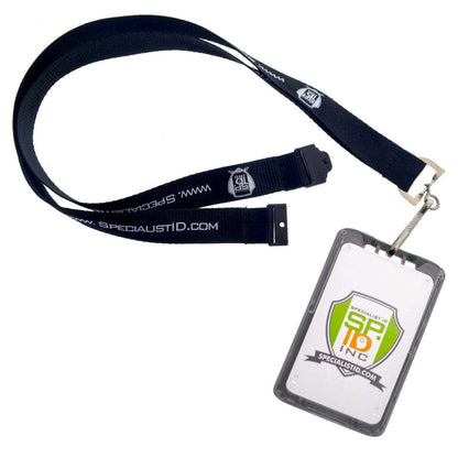 A black lanyard with "SpecialistID.com" printed on it is attached to a B-Holder Rigid Plastic Vertical Holder (P/N 1840-664X) containing a card with the Specialist ID logo.