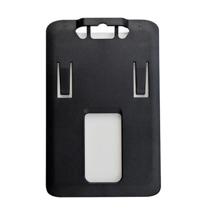 A vertical B-Holder Rigid Plastic Vertical Holder (P/N 1840-664X) made of black rigid plastic, featuring two slots and a rectangle cut-out in the middle, designed for carrying ID badges or identification cards.
