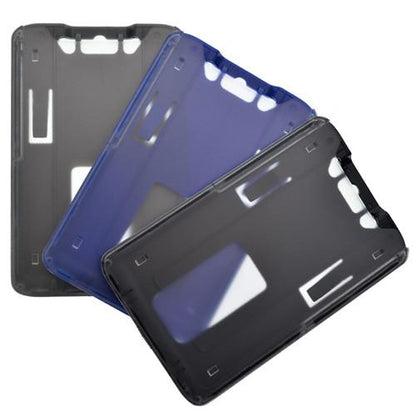 Three B-Holder Rigid Plastic Vertical Holders (P/N 1840-664X) in black, blue, and smoke gray colors, stacked vertically on top of each other like a rigid plastic holder, showcasing their cutouts for ports and buttons.