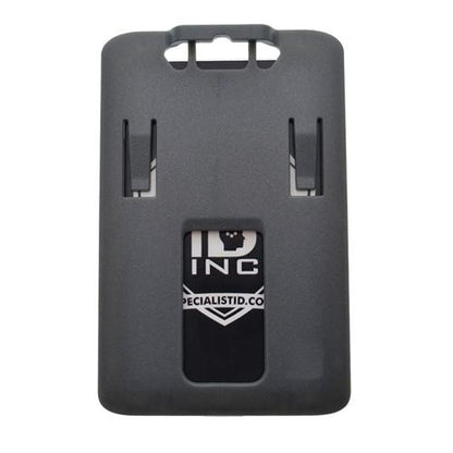 A black rigid plastic holder with slots for attaching onto lanyards or clips, displaying a partially visible ID badge inside. This B-Holder Rigid Plastic Vertical Holder (P/N 1840-664X) ensures your ID is secure and easily accessible.
