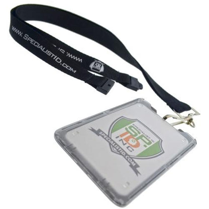 A black lanyard with "SPECIALISTID.COM" printed on it, attached to a B-Holder Rigid Plastic Vertical Holder (P/N 1840-664X) containing an ID badge with the Specialist ID logo.