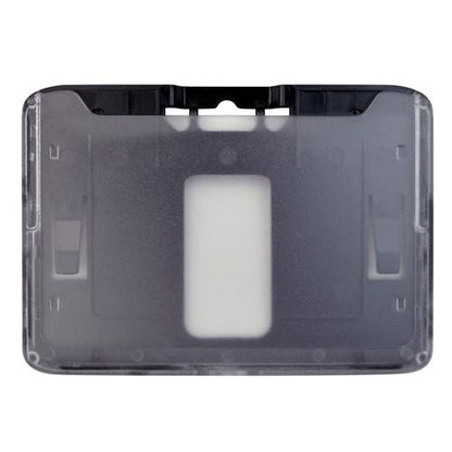 Transparent B-Holder Rigid Plastic Horizontal Holder (P/N 1840-665X) with a rectangular cutout in the center, designed for displaying and protecting credit card sized ID cards or badges.