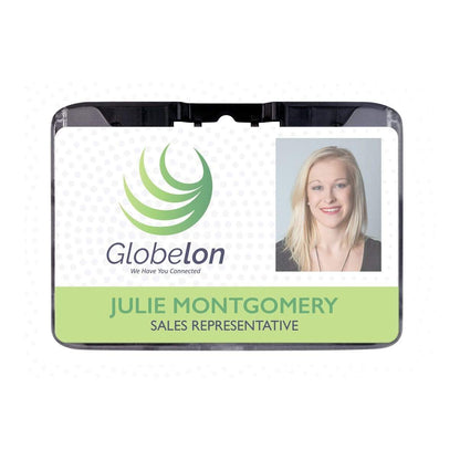 ID badge with the Globelon logo, featuring a headshot of a woman, neatly encased in a B-Holder Rigid Plastic Horizontal Holder (P/N 1840-665X). The text reads: "Julie Montgomery, Sales Representative.
