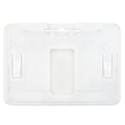 A clear plastic B-Holder Rigid Plastic Horizontal Holder (P/N 1840-665X) with a center slot and two side clips, perfect for credit card-sized IDs. Sold by Specialist ID.