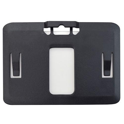 A black plastic B-Holder Rigid Plastic Horizontal Holder (P/N 1840-665X) with a rectangular cutout in the center and two slots on the sides for attaching a lanyard, designed to fit credit card sized IDs perfectly.