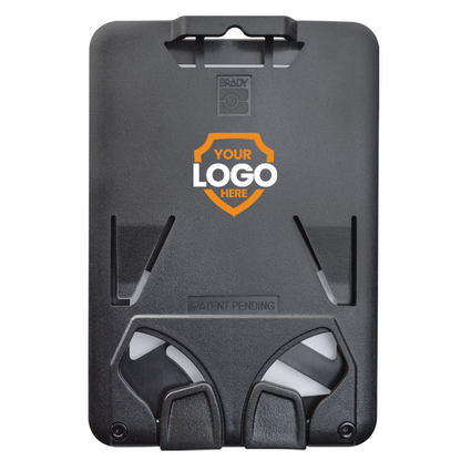 A black plastic holder designed to display a branding logo, with two slots at the bottom for attachments and a "Your Logo Here" placeholder in the center. The text "Patent Pending" is visible on the lower part. This Custom Three Card Vertical ID Badge Holder B-Holder (1840-666X) - Add Your Brand Logo is perfect for vertical ID cards.