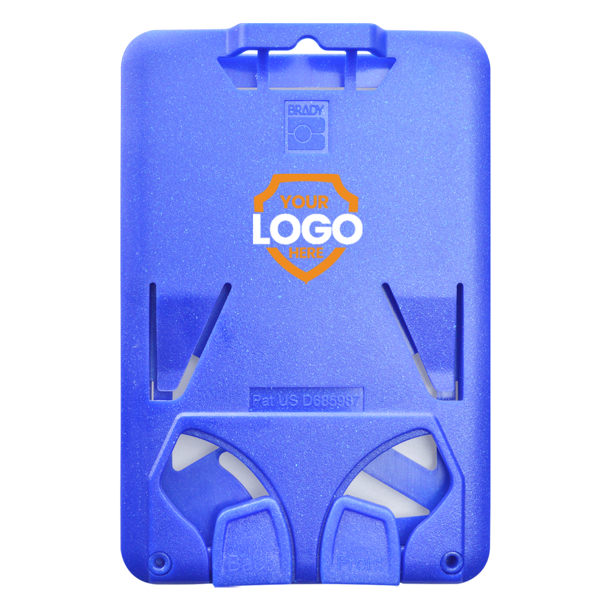 A blue plastic wall mount bracket for a lockout device, with slots and hooks for securing equipment. The center area features a placeholder for a branding logo, making it perfect for customization. Custom Three Card Vertical ID Badge Holder B-Holder (1840-666X) - Add Your Brand Logo