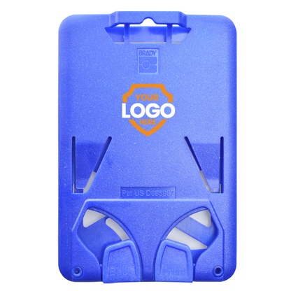 A blue plastic wall mount bracket for a lockout device, with slots and hooks for securing equipment. The center area features a placeholder for a branding logo, making it perfect for customization. Custom Three Card Vertical ID Badge Holder B-Holder (1840-666X) - Add Your Brand Logo