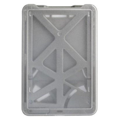 A rectangular, clear plastic container with an X-shaped design on its lid and a clear front, perfect as the Three Card Vertical ID Badge Holder B-Holder (Holds up to 3 ID Badges). Sold by Specialist ID.