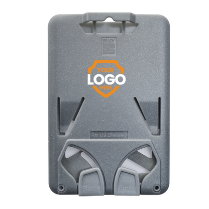 A Custom Three Card Vertical ID Badge Holder B-Holder (1840-666X) in grey with a slot for your custom logo in the center. It features two tabs at the bottom labeled "Back" and "Front" for easy insertion and removal of the badge. The patent number "D658937" is marked above the tabs, supporting effective brand identity.