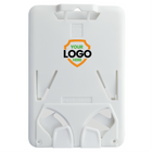 White plastic Custom Three Card Vertical ID Badge Holder B-Holder (1840-666X) - Add Your Brand Logo with a placeholder for a branding logo in the center. Perfect for vertical ID cards, the text on the holder reads "Pat US D685987" near the bottom.