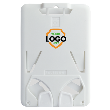 White plastic Custom Three Card Vertical ID Badge Holder B-Holder (1840-666X) - Add Your Brand Logo with a placeholder for a branding logo in the center. Perfect for vertical ID cards, the text on the holder reads "Pat US D685987" near the bottom.