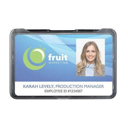 Fruit Marketing employee ID badge for Karah Levely, Production Manager, with employee ID #1234567. The 3 Card Horizontal ID Badge Holder B-Holder can securely accommodate multiple cards. Sold by Specialist ID.