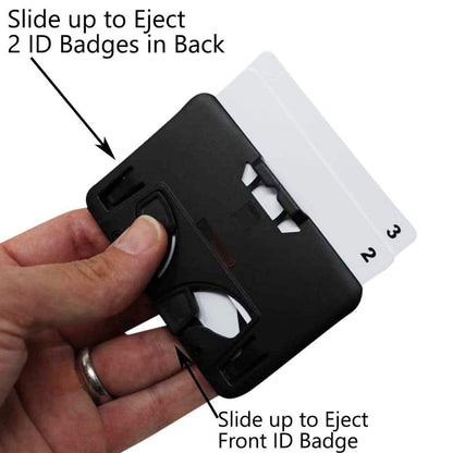 A hand holds a black 3 Card Horizontal ID Badge Holder B-Holder. Arrows and labels indicate sliding mechanisms for ejecting two badge slots at the back and one at the front, perfect for securely managing multiple cards.