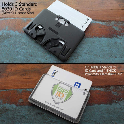 A close-up of a 3 Card Horizontal ID Badge Holder B-Holder, perfect for organizing multiple cards. Sold by Specialist ID.