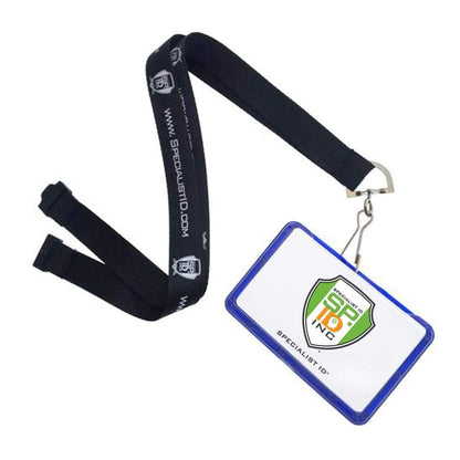 A black lanyard with white text holds a blue-bordered identification card in a 3 Card Horizontal ID Badge Holder B-Holder, displaying a logo and the text "Specialist ID.