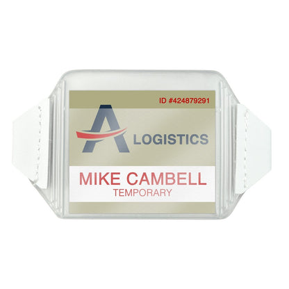 A vinyl horizontal arm band badge holder with elastic strap (P/N 1840-7000) displays a badge for "Mike Campbell" with the designation "Temporary" and an ID number "424879291," featuring the logo of a company named "A Logistics.