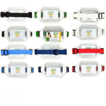 Various Vinyl Horizontal Arm Band Badge Holder With Elastic Strap (P/N 1840-7000) are displayed in a grid pattern. The vinyl badge holders contain ID cards with a green and white design.