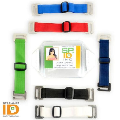 Various colored lanyards, including blue, red, green, and black, encircle a Vinyl Horizontal Arm Band Badge Holder With Elastic Strap (P/N 1840-7000) with a photo ID and the Specialist ID logo.