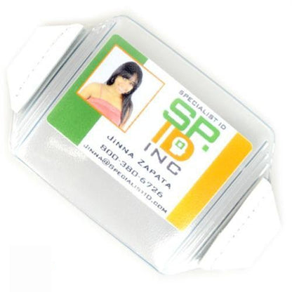 A Vinyl Horizontal Arm Band Badge Holder With Elastic Strap (P/N 1840-7000) displaying an ID card with the photo of a person named Jinna Zapata. The credit card size ID holder includes a company logo, contact information, and the title "Specialist ID Inc.